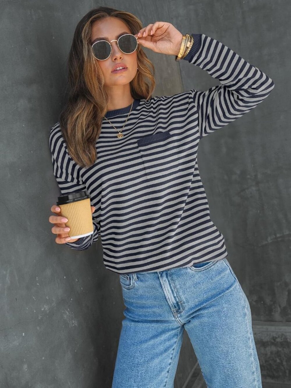 Womens Grey Striped Ribbed Cuff Oversized Crew Neck Long Sleeve Pullover Sweater - Picture 2 of 6
